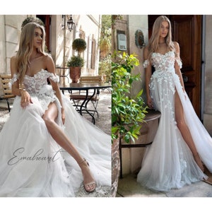 Bohemian 3D Flowers Off-The-Shoulder Wedding Dress With Side Split Floor-Length Bridal Gown For Women