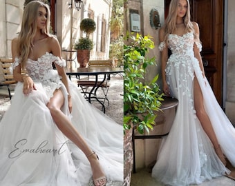 Bohemian 3D Flowers Off-The-Shoulder Wedding Dress With Side Split Floor-Length Bridal Gown For Women