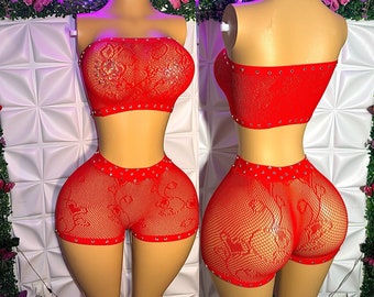 Exoticwear Fishnet 2 Piece “Queen of Hearts” Shorts Set