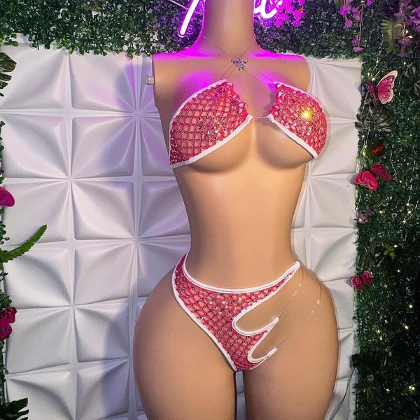 Exotic Dancewear Fishnet Bikini - Mesh Bikini Stripper Outfit Dream Doll Hot Pink Mesh Asymmetrical Two Piece Rhinestone Bikini