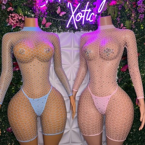 Exotic Dancewear Diamond Rhinestone Fishnet Romper Bodystocking “Jailyne” with Matching Thong Fits XS-M