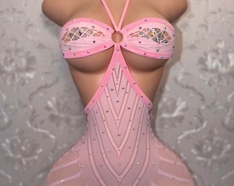Exotic Dancewear Fishnet Halter Romper “PLT 2”  With Extra Rhinestones XS-M