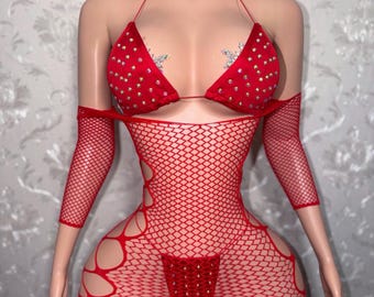 Exotic Dancewear Fishnet Dress Teyana + Martina Bikini 3 Piece Set Fits XS-L