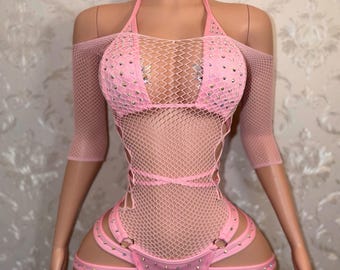 Exotic Dancewear Shorts Set “Georgia Peach” 3 Piece With “Teyana” Fishnet Dress S-L