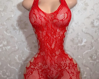 Exotic Dancewear Diamond Fishnet Romper “Milkshake” Optional Thong Fits XS-L