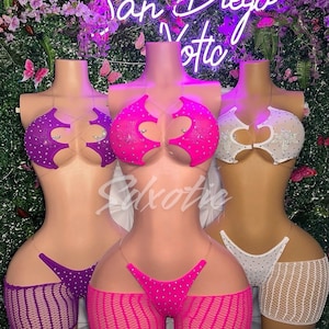 Exotic Dancewear Set 3 Piece Mesh Rhinestone Stripper Outfit “Riyah”