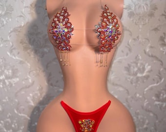 Exotic Dancewear Birthday Bikini Set Festival Bra Diamond 2 Piece Tassel Set “High Priestess”