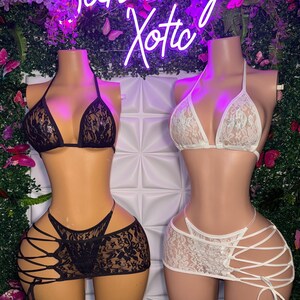 Ensemble de bikini en dentelle 3 pièces pour danse exotique, nœuds optionnels « Lychee K Barker » Plain