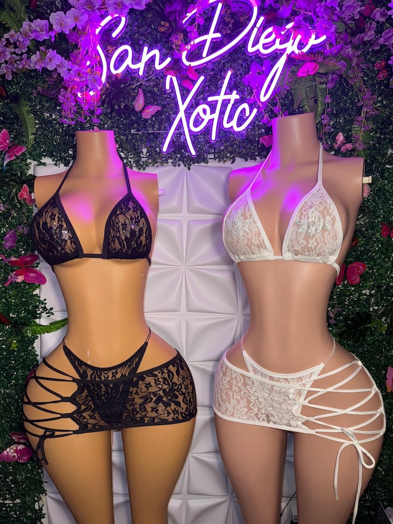 Ensemble de bikini en dentelle 3 pièces pour danse exotique, nœuds optionnels « Lychee K Barker » Plain