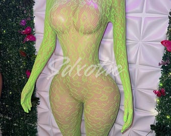 Exotic Dancewear Sherice Leopard Lace Jumpsuit Fishnet Bodystocking Footed with Gloved Hands Fits All Sizes