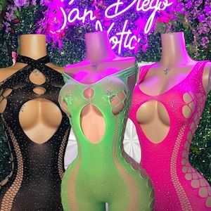 Exotic Dancewear Rhinestone Fishnet Romper Short Sleeve Criss Cross Sides “Tracie” Fits XS-XL