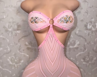 Exotic Dancewear Fishnet Halter Romper “PLT 2”  With Rhinestone Trim XS-L