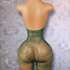 Exotic Dancewear Women’s Fishnet Lingerie Winding Snake Bodystocking Forest Green “Cobra” Fits XS-L image 10