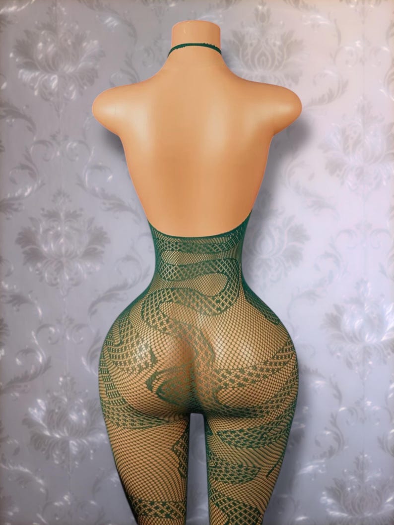 Exotic Dancewear Women’s Fishnet Lingerie Winding Snake Bodystocking Forest Green “Cobra” Fits XS-L image 10