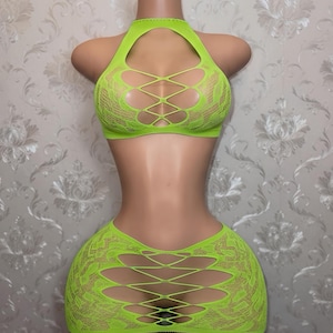 Exotic Dancewear Fishnet Skirt Set Cheetah Halter 2 Piece “Syn” XS-XL