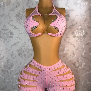 エキゾチックダンスウェア「ヴァレンティーナ」ダイヤモンドスタッズストレッチスリットショーツセット ストリッパー衣装 S-Lサイズ