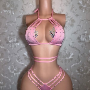 Exotic Dancewear Handmade Bikini Baby Pink Rhinestone Strappy 2 Piece Halter Top and Thong  with O-Ring “Karina”