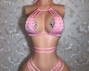 Exotic Dancewear Rhinestone Strappy 2 Piece Halter Top and Thong “Karina” S/M