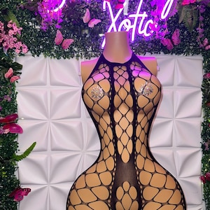 Exotic Dancewear “Giana” Short Fishnet Romper Fits XS-L Optional Rhinestones
