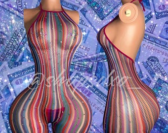 Abbigliamento da ballo esotico fatto a mano “Onika” Tuta intera a rete multicolore S-M