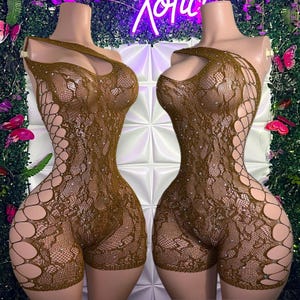 Exotic Dancewear “Milkshake” Fishnet Bedazzled Romper with Optional Extra Rhinestones and Thong Add-On Fits XS-L