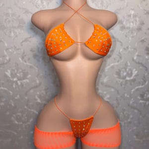 Bikini de baile exótico “Martina” de 3 piezas con shorts de rejilla recortados, tallas XS-XL