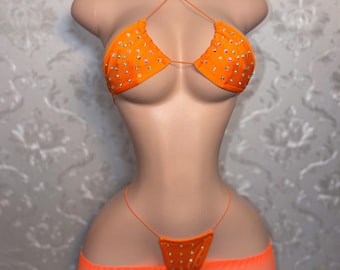 Bikini de baile exótico “Martina” de 3 piezas con shorts de rejilla recortados, tallas XS-XL