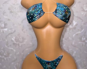 Exotic Dancewear Handmade Tribal Bikini with Optional Rhinestones “Indya” 2 Piece