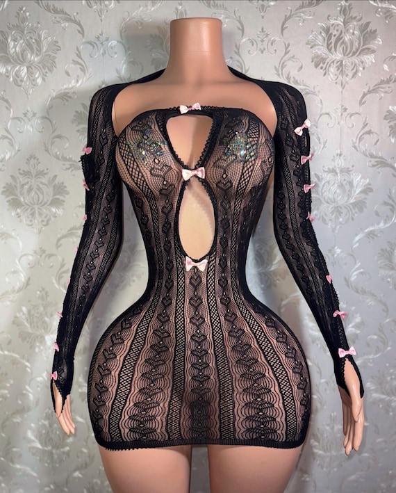 Exotic Dancewear Fishnet Dress Shawl Set with Bows “Chrome Heart” in Black Fits XS-L