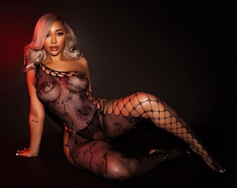 Exotic Dancewear Fishnet Bodystocking “Lace Detail” Women’s Sheer Jumpsuit Optional Stones XS-L