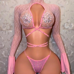 Conjunto de baile exótico de red con estampado de guepardo y pedrería, 3 piezas, con ligueros, modelo "Sweetie". Talla XS-M.