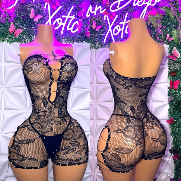 Exotic Dancewear “Gigi” Lace Romper with Rhinestones and Thong Fits XS-XL