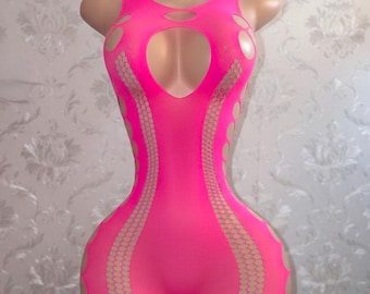 May include: A neon pink sleeveless bodysuit featuring a fishnet texture and multiple circular cutouts along the sides and chest. The garment has a round neckline and a short-length bottom, constructed from a stretchy, semi-sheer mesh fabric.