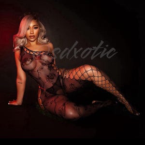 Exotic Dancewear “Lace Detail” Criss Cross Cut Out Fishnet Bodystocking Fits XS-M by SD Xotic Optional Rhinestones