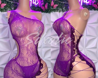 Exotic Dancewear Fischnetz-Strampler ”XTC” Korsett Seitliche Krawatte mit String passt XS-L | Stripperinnen Outfits