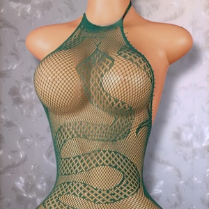 Exotic Dancewear Women’s Fishnet Lingerie Winding Snake Bodystocking Forest Green “Cobra” Fits XS-L image 11