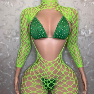 Tuta da ballo esotica in rete con bikini con strass, taglie dalla XS alla L "Avery"