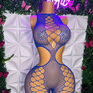 May include: Blue mesh bodysuit with a cut-out design and rhinestones.