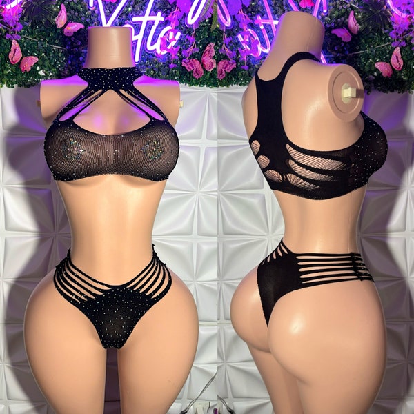 Exoticwear Fishnet Bedazzled 2 Piece Fishnet Thong Set