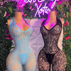 Exotic Dancewear Lace Romper 2 Pc Rhinestone Fishnet with Matching Thong Fits One Size
