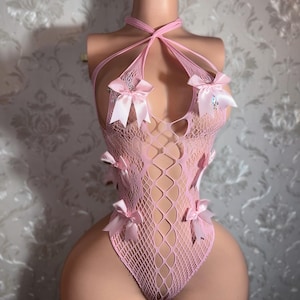 Exotic Dancewear Fishnet “Sultry Vixen” Lace Strappy Bodysuit with Baby Pink Bows Optional Stones by SD Xotic Fits XS-XL