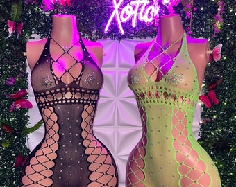 Exotic Dancewear DRAYA Collection — Fishnet Mini Dress, Romper, and Jumpsuit