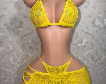 Exotic Dancewear Lace 3 Piece Kawaii Side Tie Skirt Set Bikini XS-L