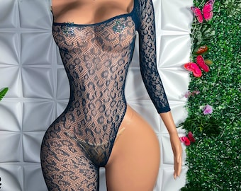 Exotic Dancewear &quot;Bernice&quot; Asymmetrical Cut Out Leg Cheetah Fishnet Romper with Long Sleeve Optional Crystal Pasties and Thong Fits All