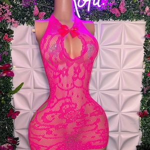 Exotic Dancewear Fishnet Mini Dress “Hibiscus” with Rhinestones and Bow Fits XS-L