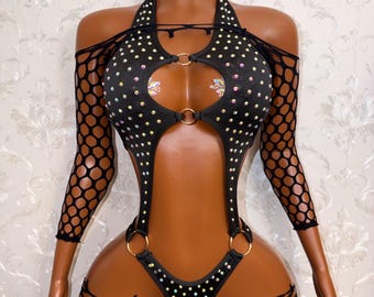 Exotic Dancewear Rhinestone One Piece “Sade” Optional Fishnet Shrug Set One Size