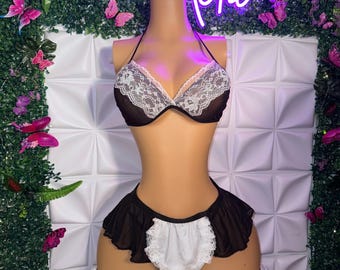 Conjunto de lingerie sexy para dança exótica, fantasia de empregada doméstica francesa, 5 peças, saia, tamanhos P a GG.