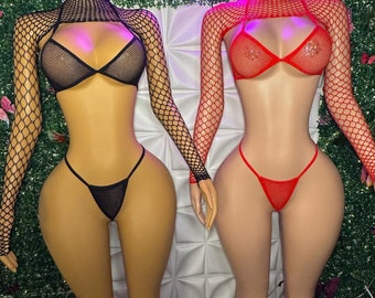 Exotic Dancewear Set Mesh Bikini 3 Piece Set with Crop Top