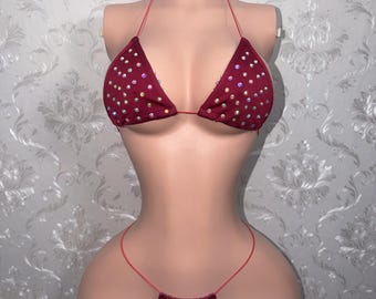 Exotic Dancewear Handmade Bikini “Martina” 2 Piece with Rhinestones Microkinis Fits XS-XL
