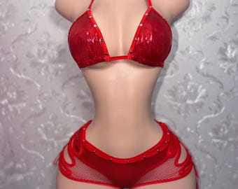 Exotic Dancewear 3 Piece Red Mesh Cheeky Booty Shorts Low Rise Set “Stunna Girl"